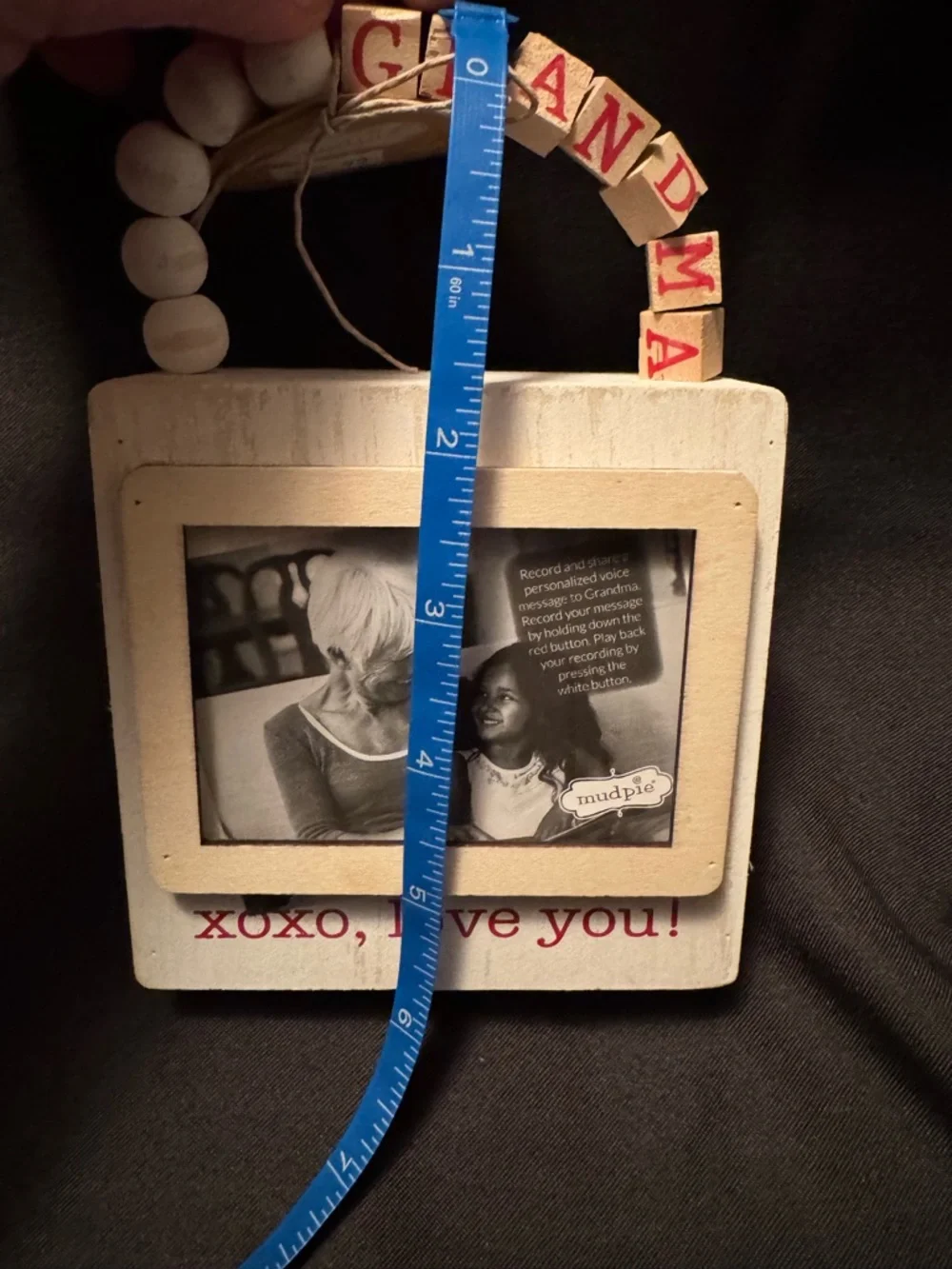 Mud Pie Grandma Recordable Photo Ornament Wooden Beaded Farmhouse Frame Gift